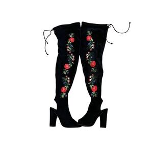 Liliana Thigh High Floral Embroidered Faux Suede 4.5” Heel Open Toe Heel Boots 8